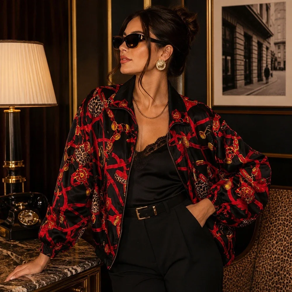 Vintage Silk Bomber Jacket Womens‎ XL Red Equestrian Baroque Leopard Print 90s